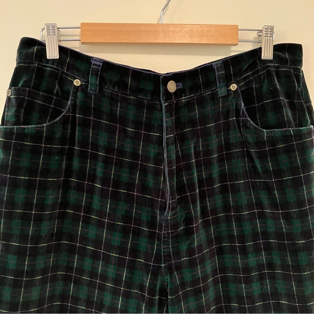 Jones New York Black Green Watch Plaid Velvet Trouser Pants Sz 16W Holiday